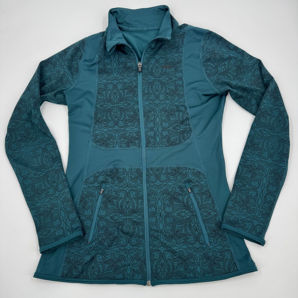 TKO Full Zip Jacket Womens Large Teal Blue Paisley Lace Print Mock Neck Athletic